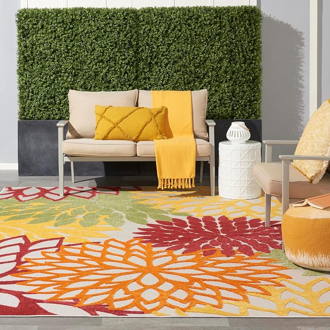Nourison Home Aloha Indoor/Outdoor Red Multi Colored 7' x 10' Area Rug, Tropical, Botanical, Easy Cleaning, Non Shedding, Bed Room, Living Room, Dining Room, Deck, Backyard, Patio (7x10)