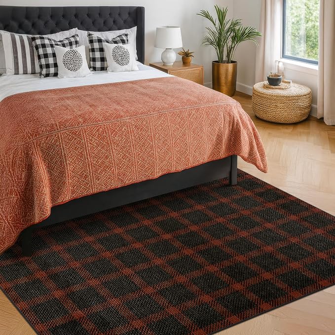 5x7 Farmhouse Mudroom Rug – Washable Non Slip Large Entryway Area Rug for Back Door, Garage Entrance, Durable Indoor Outdoor Style Plaid Rug for Kitchen Dining Room, Dark Brown