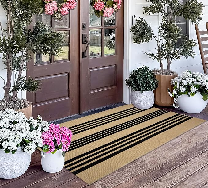 Striped Layered Doormat 27.5"x43",Tan and Black Front Porch Rug Cotton Woven Washable Farmhouse Entryway Rug Indoor Outdoor Front Door Mat for Porch/Entryway/Home Entrance Decor
