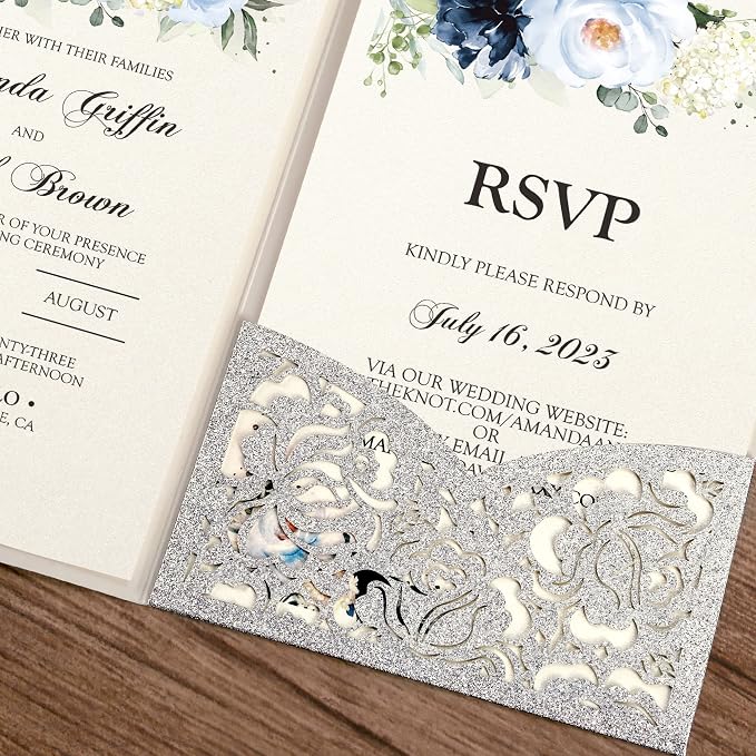 DORIS HOME 50Pcs Personalized Laser Cut Wedding Invitations, Silver Glitter | 4.7"x7.1", Customized Anniversary Invitations, With Envelopes