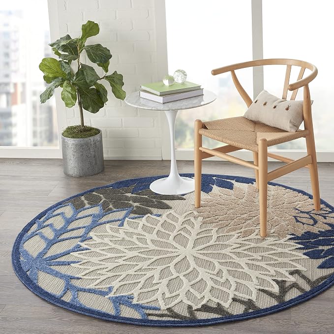 Nourison Home Aloha Indoor/Outdoor Blue/Multicolor 5'3" x Round Area Rug, Tropical, Botanical, Easy Cleaning, Non Shedding, Bed Room, Living Room, Dining Room, Deck, Backyard, Patio (5 Round)