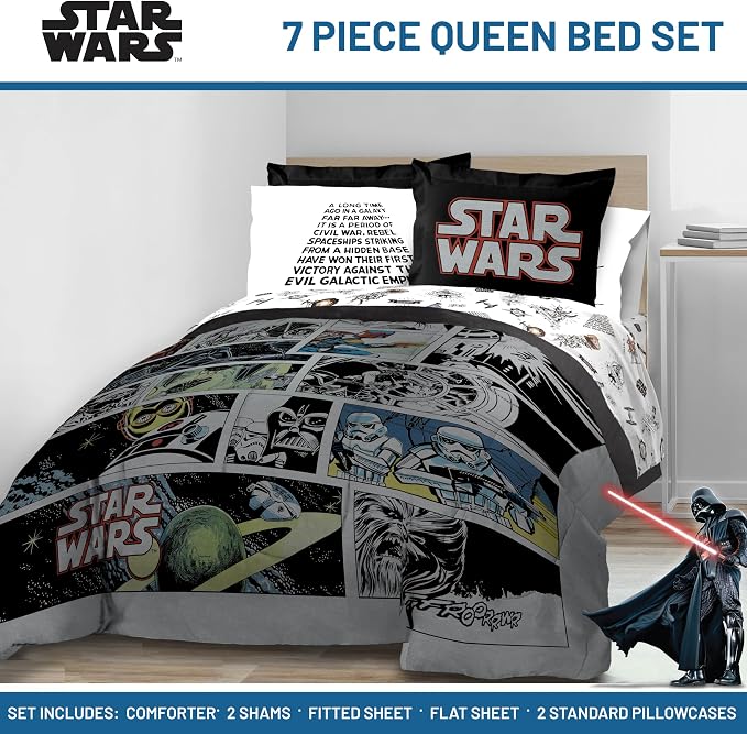 Star Wars Queen Comforter Set 7 Piece Soft Bedding for Boys, Multi | Darth Vader Yoda, Bed in a Bag, Comforter Sheets Shams Pillowcases, Soft Microfiber, Machine Washable, Boys Gift