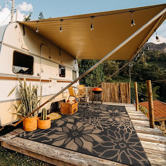 GENIMO Outdoor Rug, Waterproof Plastic Rugs 10'x14' for Camping Black | Outside Larger Leaf Carpet Mat for Patio Decor, RV, Porch, Camper, Deck, Picnic, Beach, Backyard, Reversible, Foldable