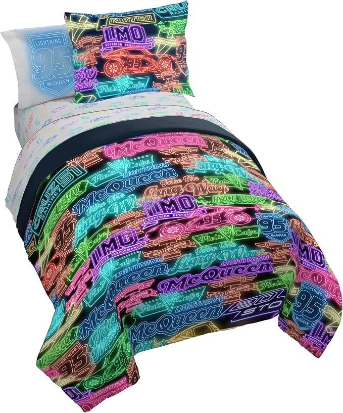 Disney Pixar Cars McQueen Twin Comforter Set 5 Piece Kids Bedding, Black | Neon Racecar, Bed in a Bag, Comforter Sheets Sham Pillowcase, Official Product, Soft Microfiber, Machine Washable, Boys Gift