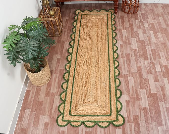 Scalloped Natural Jute Area Rug for Bedroom Living Room, Kitchen, Patio, Hallway, Entryway, Indoor, Outdoor, Farmhouse, Modern Carpet, Door Mat Green, 2x3 ft.