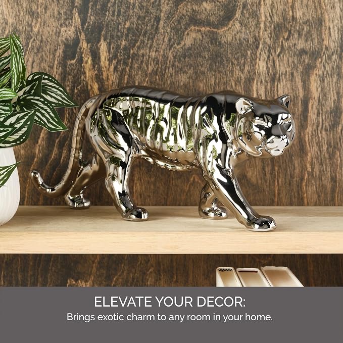 Elements Silver Tiger Ceramic Statue, 16.53 x 4.92 x 6.89 Inch Elegant Crouching Tiger Figurine, Modern Silver Finish Animal Sculpture for Living Room and Office Decor, Large Tabletop Accent