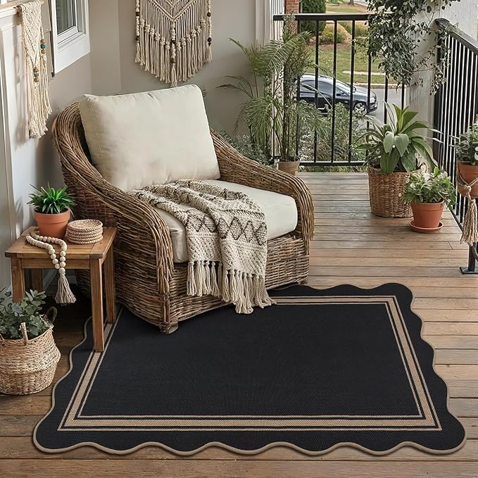 Scalloped Easy Jute 3x5 Outdoor Rug Washable Non Slip Rug for Entryway Indoor Outdoor Farmhouse Neutral Scalloped Carpet for Backyard Patio Proch Living Room
