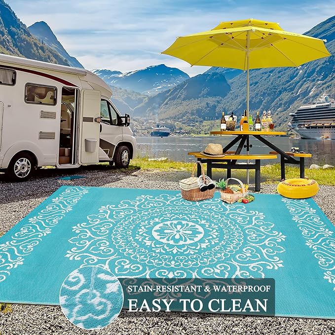 Pauwer Outdoor Rug 9x12, Waterproof Plastic Straw Camping Rug, Floral Teal | Reversible Patio Rug, UV Resistant Indoor Outdoor RV Mat Carpet For Deck, Camper, Porch, Balcony, Backyard, Picnic, Foldable