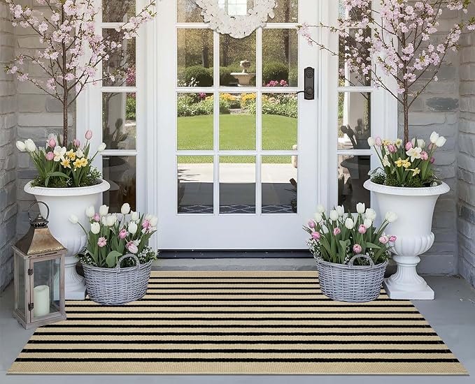 Front Door Mat Outdoor 24"x51",Tan and Black Striped Porch Rug Cotton Woven Washable Indoor Outdoor Layered Doormat Farmhouse Small Area Rug for Porch/Entryway/Home Entrance Decor