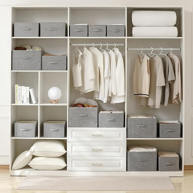 Linen Folding Storage Bins, 3 Pack Large Storage Baskets, Washable, Clothing Storage Bins with Handle, Closet Organizer for Storage Sweater,Sheets(dark grey, 18½"x13½"x8½")
