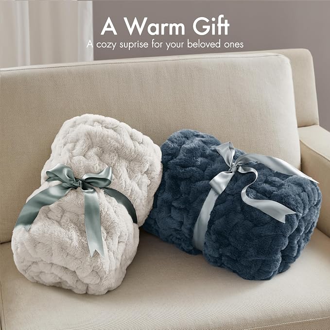 Madison Park Ruched Fur Throw Faux Fur Blanket, 50" x 60", Slate Blue | Luxury, Premium, Soft Cozy Brushed Long Pile, All Season Plush Modern OEKO- TEX Certification Warm For Bed, Couch or Sofa