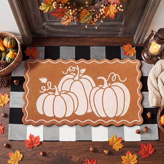 Moucuny 2 Pcs Fall Coir Doormat Outdoor, Wavy Edge Pumpkin Welcome Mat, Black and White Plaid Outdoor Rug Non Slip Floor Door Mat for Entrance Front Porch Decor, 24'' x 35'', 16'' x 28''