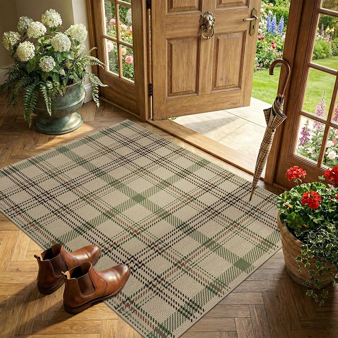 3x4 Entryway Door Mat Indoor – Washable Non Slip Small Rug for Front Door, Kitchen Sink, Mudroom, Garage Entry, Low Profile Easy Clean Farmhouse Plaid Floor Mat,Sage Decor