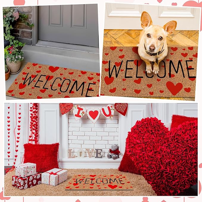 Ceenna Valentine's Day Doormat Outdoor Valentine's Coir Doormat with Non-Slip Backing Red Heart Love Valentines Day Outdoor Mat Front Porch Rugs for Home Entrance, 16 x 28 Inches