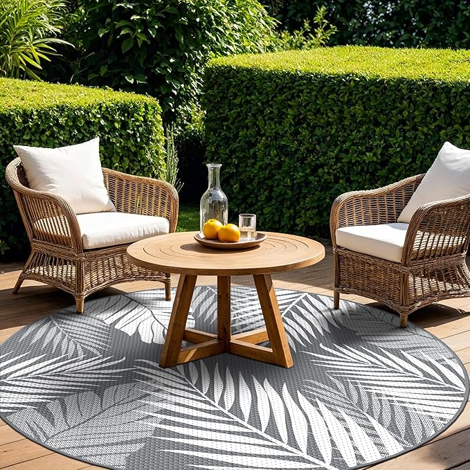 GENIMO Outdoor Rug, Waterproof Plastic Rugs for Patio, 10' Round Grey White | Outside Larger Leaf Carpet Mat for Deck Decor, Porch, Balcony, Backyard, Camping, Picnic, Beach, RV, Reversible, Foldable