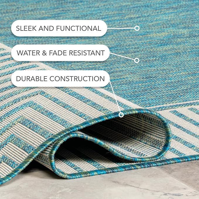 Nuloom Asha Teal/Ivory, 6'7" x 9', Casual, Striped Border, Soft and Cozy, High Traffic, Easy Clean, Durable Area Rug for Indoor/Outdoor Patio, Deck, Porch, Garden, Courtyard