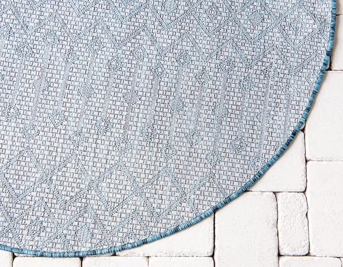 Unique Loom Outdoor Trellis Collection Area Rug - Tribal Trellis (3' 3" Round, Teal/ Ivory)