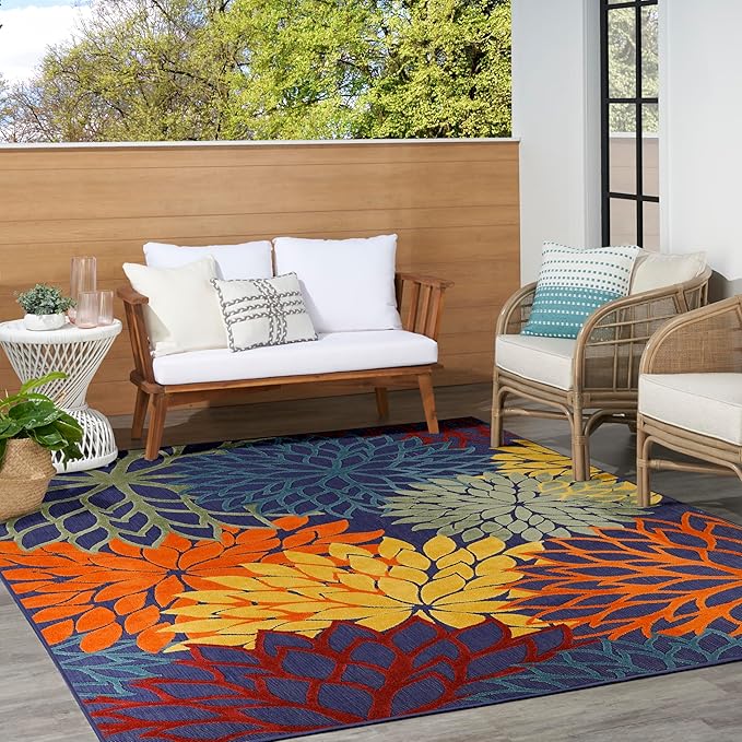 Nourison Home Aloha Navy Multicolor 9' x 12' Area Rug - Easy Clean, Non Shedding, Bed Room, Living Room, Dining Room, Kitchen (9' x 12')