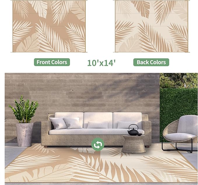 GENIMO Outdoor Rug, Waterproof Plastic Rugs 10'x14' for Camping Brown Beige | Outside Larger Leaf Carpet Mat for Porch Decor, Deck, Camping, RV, Backyard, Balcony, Picnic, Beach, Reversible, Foldable
