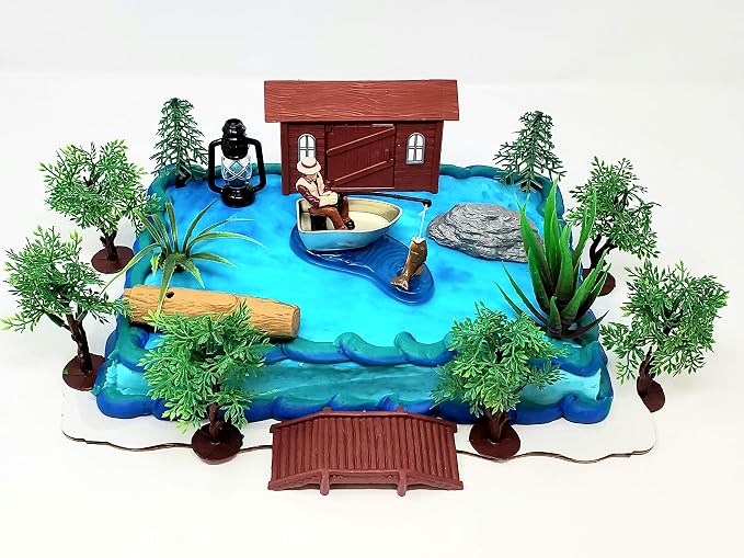 Gone Fishing Fisherman Themed Birthday Cake Topper Set Featuring Camping Angler in Boat with Decorative Themed Accessories