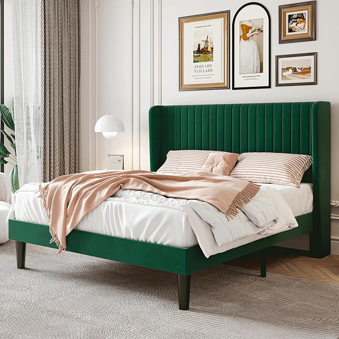 SHA CERLIN Queen Size Velvet Bed Frame, Tufted Wingback Headboard, Green | 47'' Modern Vertical Channel Headboard, Upholstered Platform Bed, Wood Slats, No Box Spring Needed, Easy Assembly, Noise Free