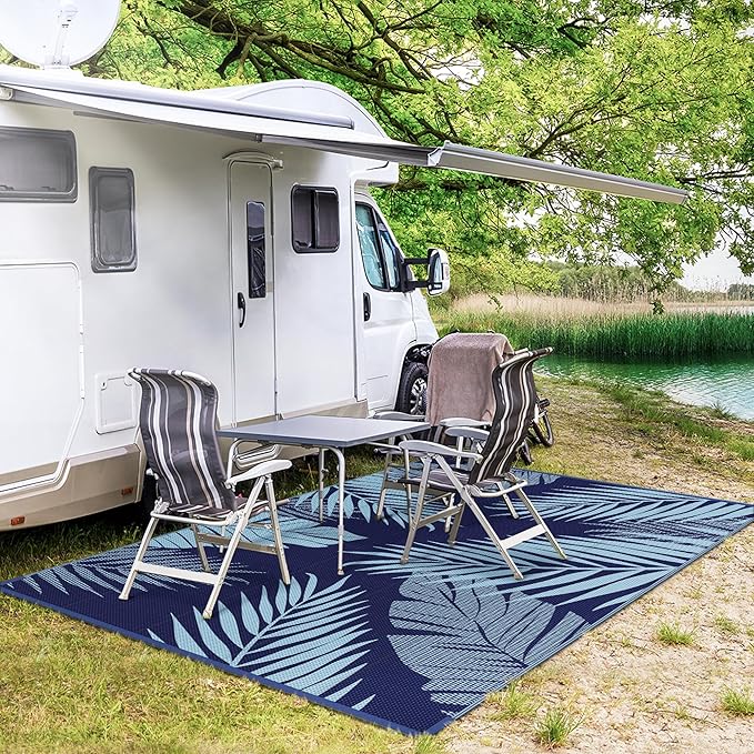 GENIMO Outdoor Rug, Waterproof Plastic Rugs for Patio, 9'x12' Blue | Outside Larger Leaf Carpet Mat for Porch Decor, Deck, Balcony, Camping, RV, Backyard, Picnic, Beach, Reversible, Foldable