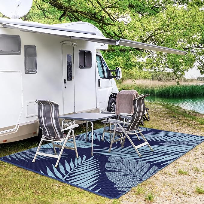GENIMO Outdoor Rug, Waterproof Plastic Rugs for Patio, 8'x10' Blue | Outside Larger Leaf Carpet Mat for Porch Decor, Deck, Balcony, Camping, RV, Backyard, Picnic, Beach, Reversible, Foldable