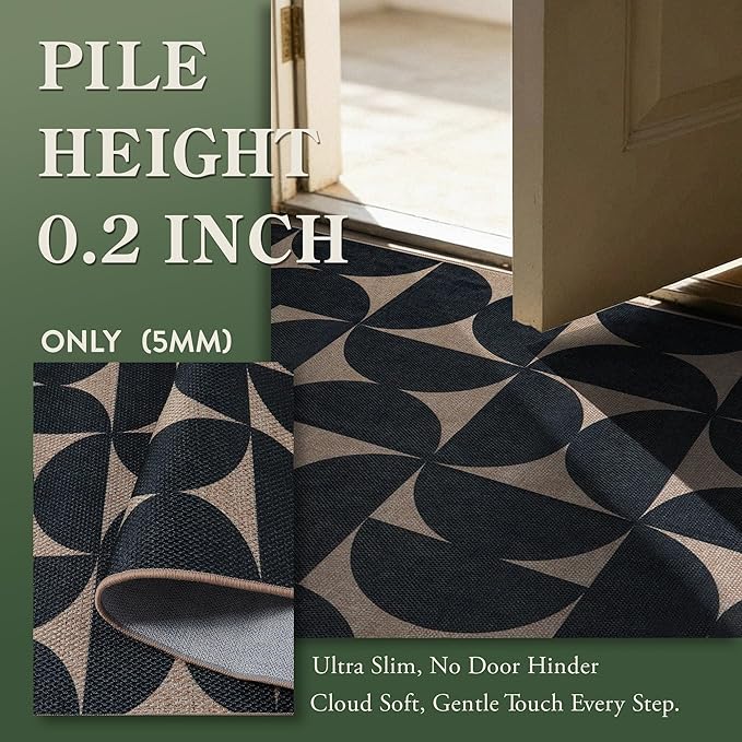 Lahome Semi Circle Easy Jute 5x7 Outdoor Rug, Geometric Washable Area Rug | Mid-Modern Non Slip Non Shedding Indoor Outdoor Black Carpet for Bedroom Dining Room