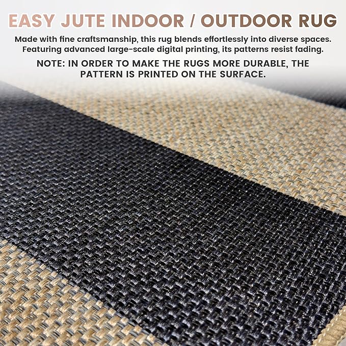 Washable Striped Easy Jute Rug, 5x7 Black Outdoor Indoor Patio Farmhouse Geometric Large Area Rugs, Low Pile Lightweight Non Slip Carpet Mat for Living Dining Room Bedroom Classroom Backyard Kitchen