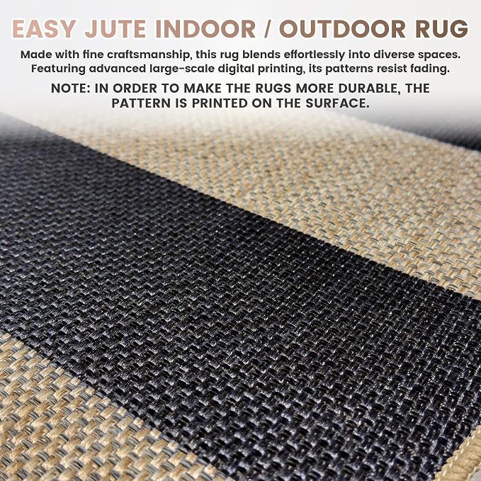 Washable Striped Easy Jute Rug, 3x5 Black Outdoor Indoor Patio Geometric Neutral Small Area Rugs, Low Pile Lightweight Non Slip Carpet Mat for Living Bedroom Entryway Front Door Farmhouse Doorway