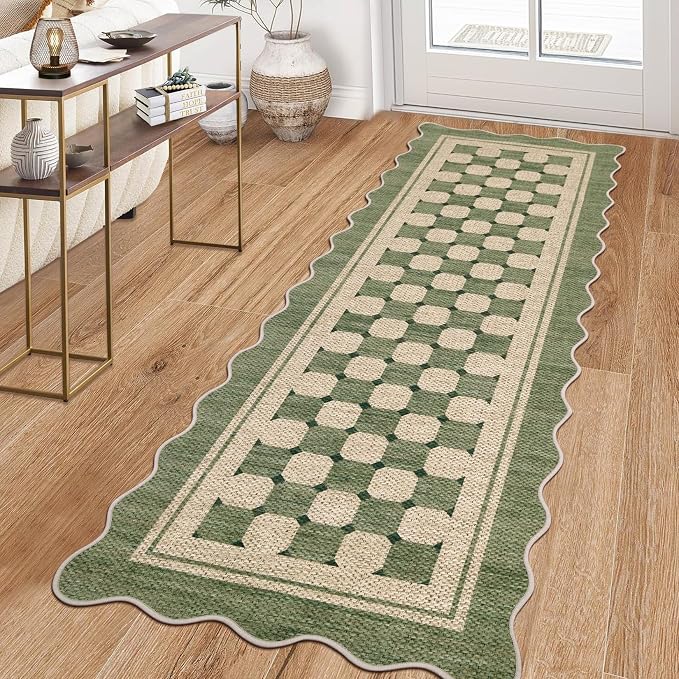 Garvee Scalloped Washable 2x6 Kitchen Runner Rug, Easy Jute Checkered Green Rugs for Entryway Hallway, Indoor Outdoor Non Slip Rug Farmhouse Modern Carpet Door Mat for Porch Bedroom Laundry Room 2'x6'
