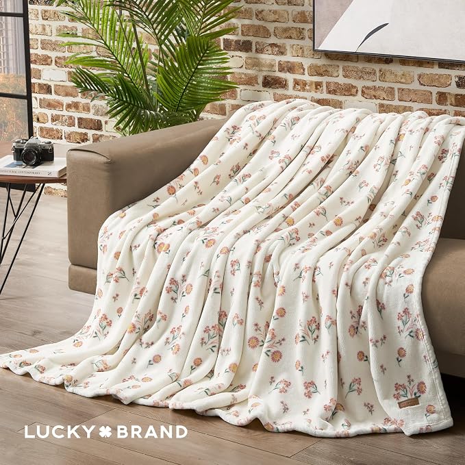 Lucky Brand Daisy Ivory Floral 90"X90" Cozy Plush Blanket - Premium Microfiber Throw for Luxurious Comfort and Style Full/Queen Size