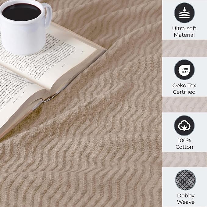Superior JENA Cotton Blanket, for Picnic, Beach, Traveling or Camping, Bedroom Decor, Essentials, Cover for Bed, Couch, Lounging, Textured Jacquard, Modern Chevron Woven Blanket, Twin, Khaki