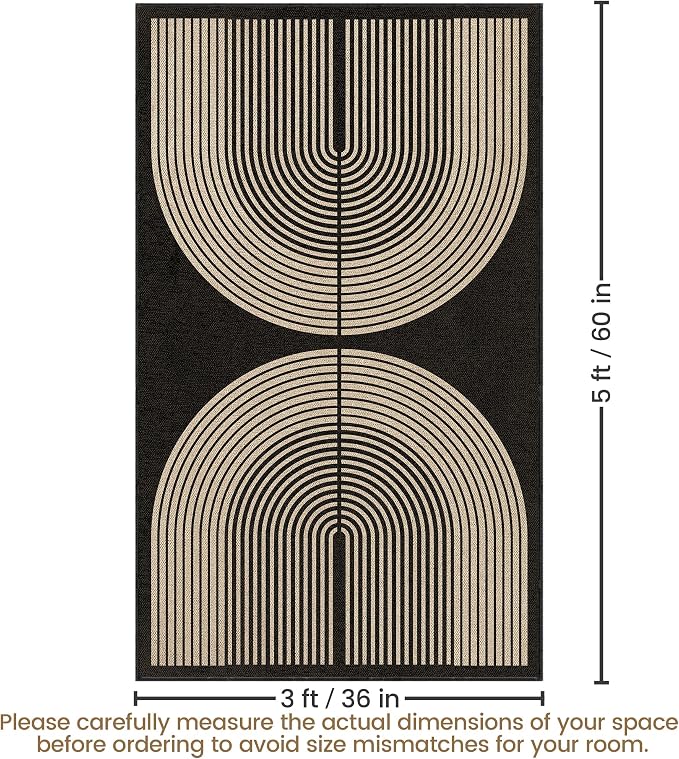 Washable Rainbow Easy Jute Rug 3x5, Black Outdoor Indoor Patio Modern Geometric Neutral Small Rugs, Woven Non Slip Thin Carpet Mat for Living Bedroom Entryway Front Door Farmhouse Doorway Kids
