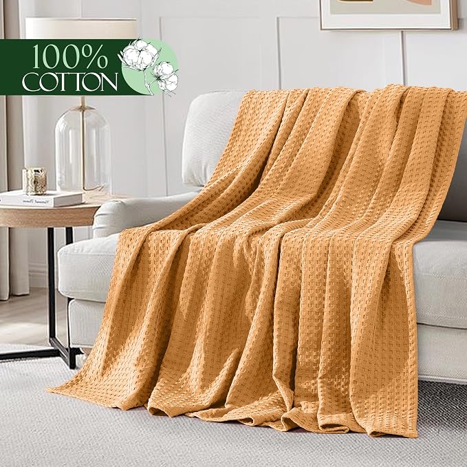 Elegant Comfort Premium 100% Cotton Waffle Blanket - Lightweight Breathable Waffle Weave Bed Blanket - Soft and Warm All Season Blanket for Couch, Sofa and Bed, Queen Size 90x90 Inches, Gold