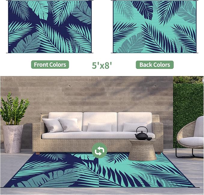 GENIMO Outdoor Rug, Waterproof Plastic Rugs for Patio, 5'x8' Blue Green | Outside Larger Leaf Carpet Mat for Porch Decor, Deck, Balcony, Camping, RV, Backyard, Picnic, Beach, Reversible, Foldable