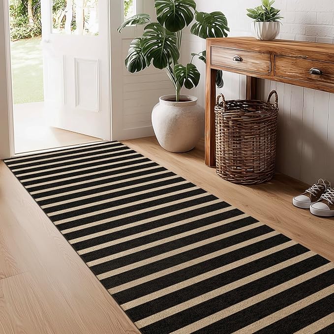 Washable Striped Easy Jute Runner Rug, 2x8 Black Boho Geometric Outdoor Indoor Patio Rug, Low Pile Lightweight Non Slip Neutral Long Runner Carpet Mat for Hallway Kitchen 8ft Entryway Porch Farmhouse
