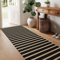 Washable Striped Easy Jute Runner Rug, 2x8 Black Boho Geometric Outdoor Indoor Patio Rug, Low Pile Lightweight Non Slip Neutral Long Runner Carpet Mat for Hallway Kitchen 8ft Entryway Porch Farmhouse