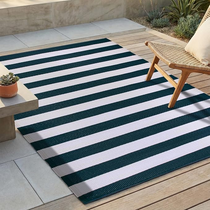 FH Home Outdoor Rug - Waterproof, Fade Resistant, Reversible - Premium Recycled Plastic - Striped - Porch, Deck, Balcony, Mudroom, Laundry Room, Patio - Brittany - Blue & White Crease Free - 3 x 5 ft