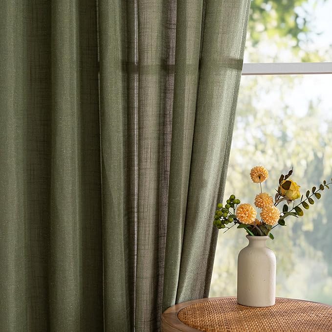 MYSKY HOME Curtains for Living Room 84 Inches Long Semi Sheer Light Filtering Privacy Drapes Linen Look Textured Boho Home Decor, Backdrop Curtain for Parties, 100" x 84", Olive Green, 1 Panel