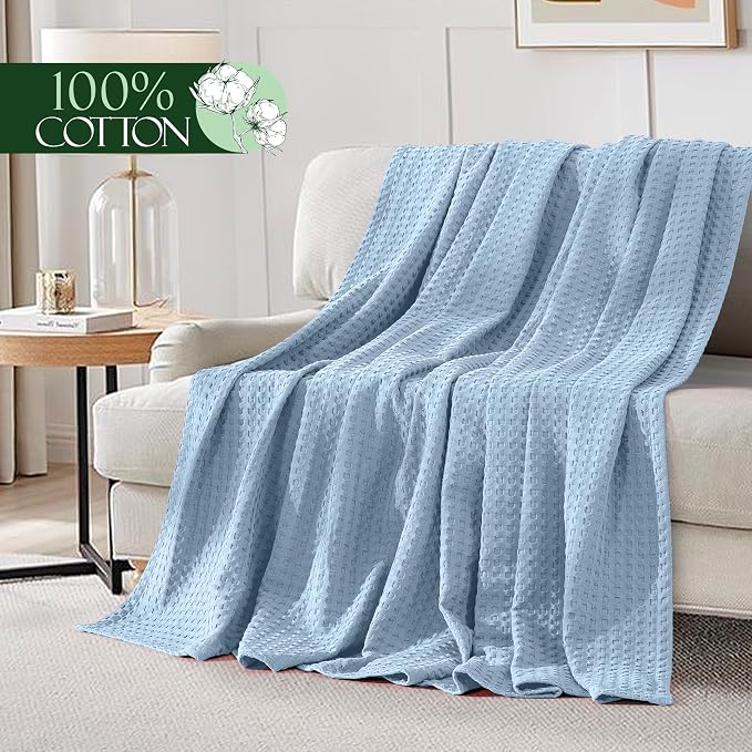 Elegant Comfort Premium 100% Cotton Waffle Blanket - Lightweight Breathable Waffle Weave Bed Blanket - Soft and Warm All Season Blanket for Couch, Sofa and Bed, King Size 90x108 Inches, Light Blue