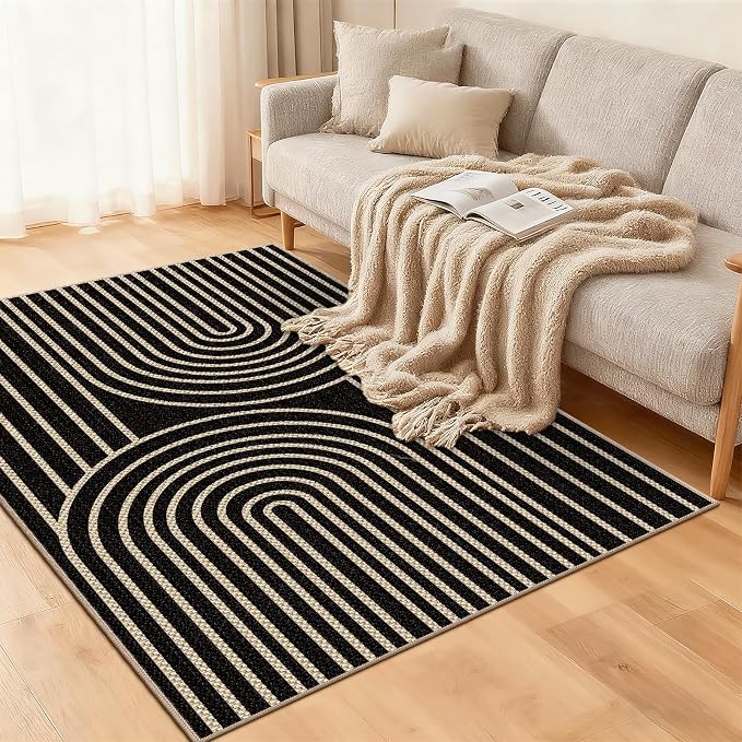 Faux Jute Rugs for Entryway, 3' x 5' Indoor Outdoor Rug, Black Farmhouse Washable Ultra-Thin Non-Slip Area Rug for Foyer, Backdoor, Living Room, Kitchen, Bedroom, Balcony