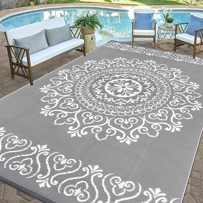 Pauwer Outdoor Rug 9x12, Waterproof Plastic Straw Camping Rug, Floral Grey | Reversible Patio Rug, UV Resistant Indoor Outdoor RV Mat Carpet For Deck, Camper, Porch, Balcony, Backyard, Picnic, Foldable