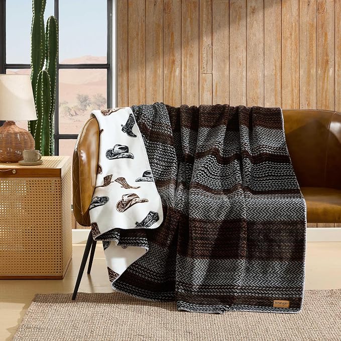 Wrangler - King Size Blanket, Soft & Reversible Bedding for Bed or Couch, Throw Blanket for Year Round Comfort, Oversized Bedding (Nash Stripe Brown)