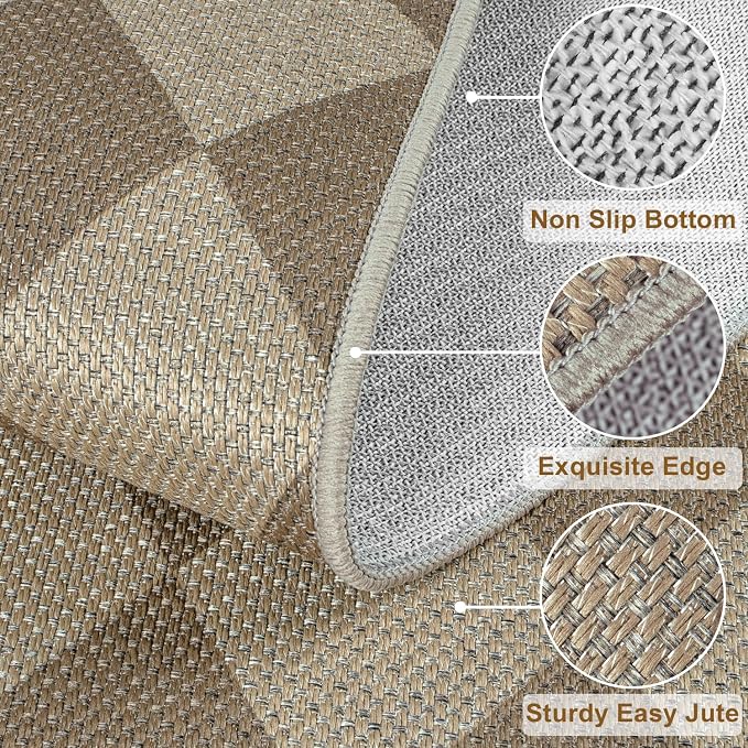 Rugalia Easy Jute Checkered Runner Rug, 2x6 Brown Modern Washable Rugs Runner for Hallway Non-Slip Long Kitchen Rug, Geometric Diamond Indoor Outdoor Carpet for Porch Laundry Entryway