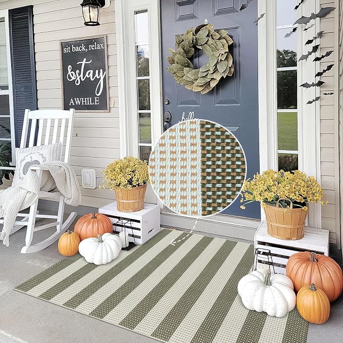 OJIA Outdoor Rug 3'x5' Washable Entryway Rugs Front Door Mat Porch Rug | Cotton Woven Fall Door Mat Front Door Rug Small Area Rug Outdoor Doormat for Porch Decor Kitchen Patio Bathroom Green/White