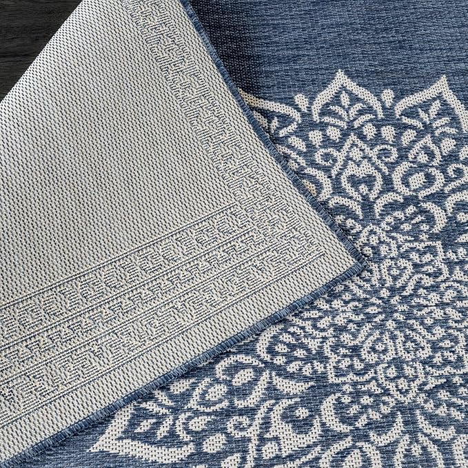 CAMILSON Outdoor Rug 5x7 Medallion Blue Modern Area Rugs for Indoor and Outdoor Patios Kitchen and Hallway Mats Washable Porch Deck Outside Carpet (Medallion Blue 5 x 7)