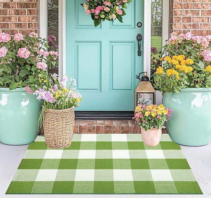Buffalo Plaid Door Mats Outdoor 24''X35'' Green and White Checked Outdoor Rug Cotton Woven Washable Layering Door Mat for Welcome Mat Entryway Bedroom Living Room