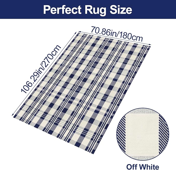 Buffalo Plaid Rug 6x9 Cotton Woven Rug Navy and Off White Checkered Buffalo Check Carpet Home Decor Washable Indoor Outdoor Area Rug for Living Room Bedroom Dining Patio Farmhouse
