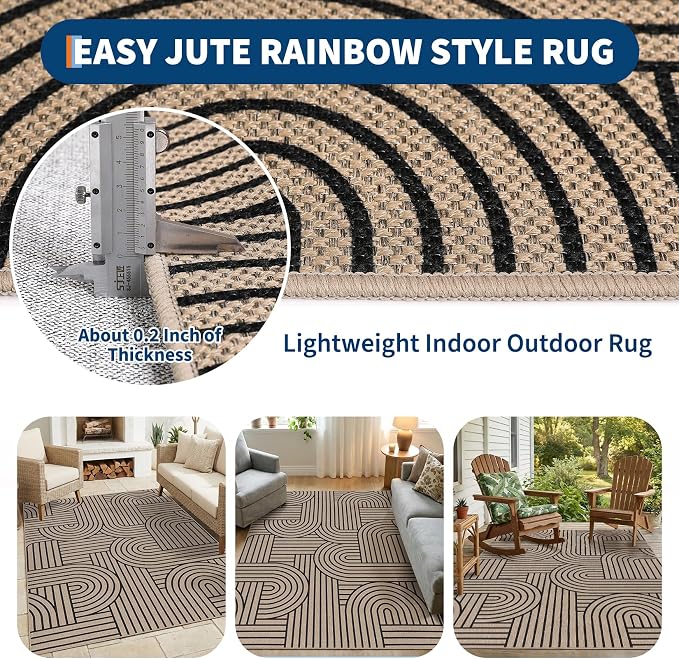 GarveeHome Modern Rainbow Easy Jute 3x5 Rug, Indoor/Outdoor Patio & Entryway Mat, Washable Non-Slip Carpet for Mudroom, Farmhouse Decor, Front Door
